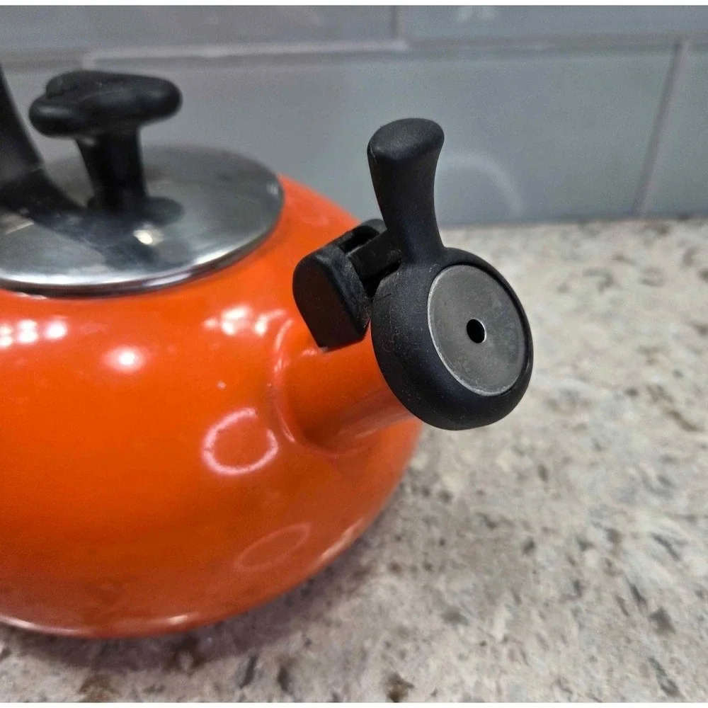 VINTAGE Rachel Ray Orange Enamel Whistling Tea Kettle Stovetop 1.5 Quart Retro